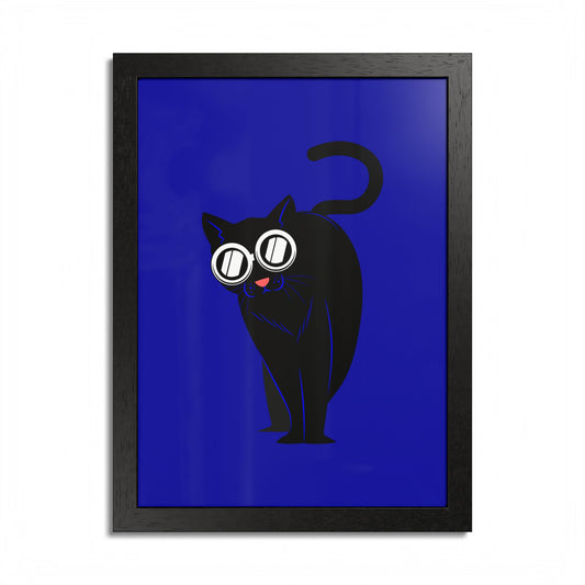 Funny Black Cat Blue Art Print