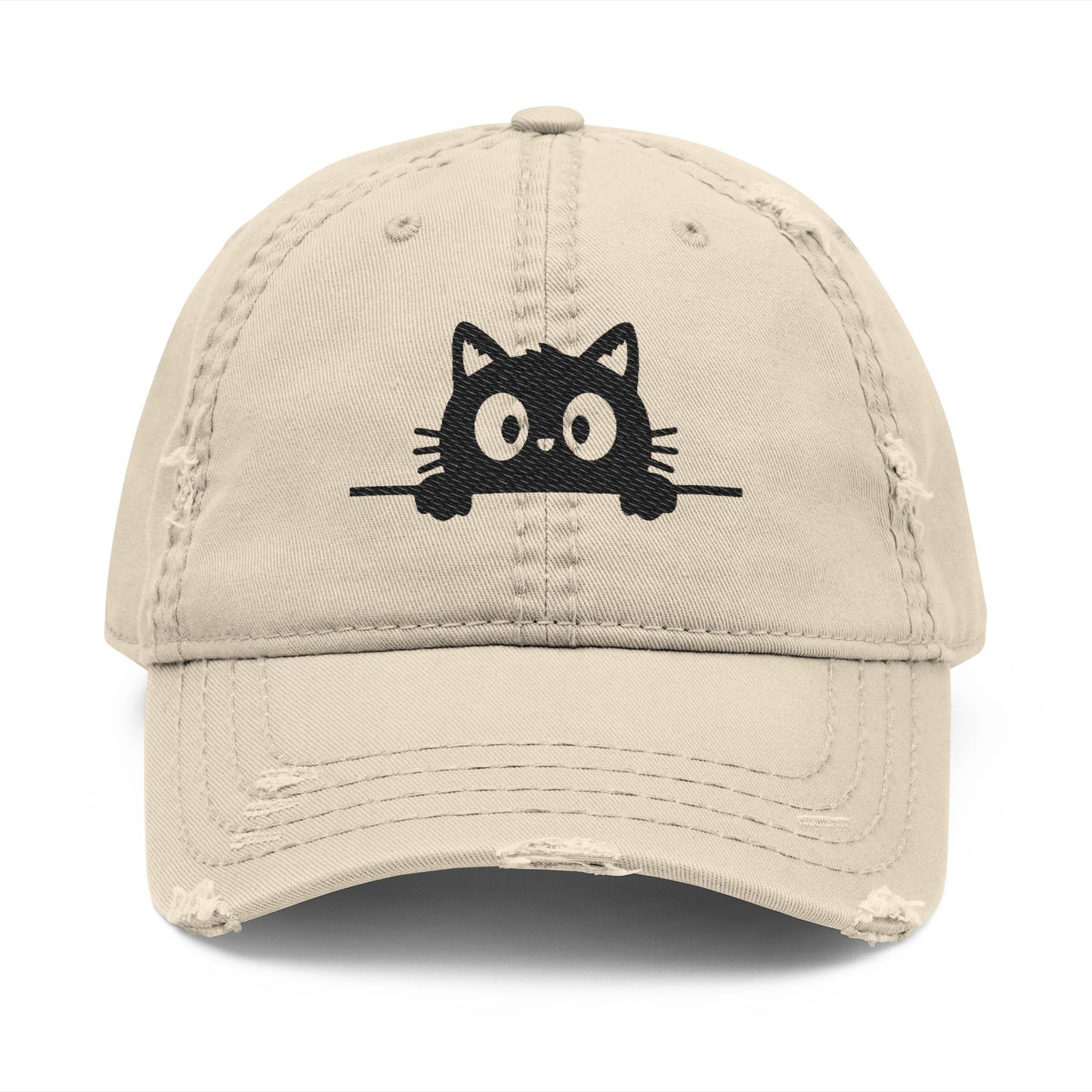 Peeking Black Cat Distressed Dad Hat