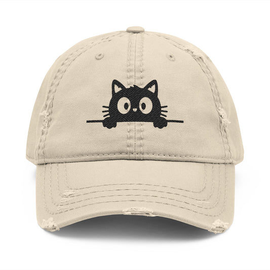 Peeking Black Cat Distressed Dad Hat