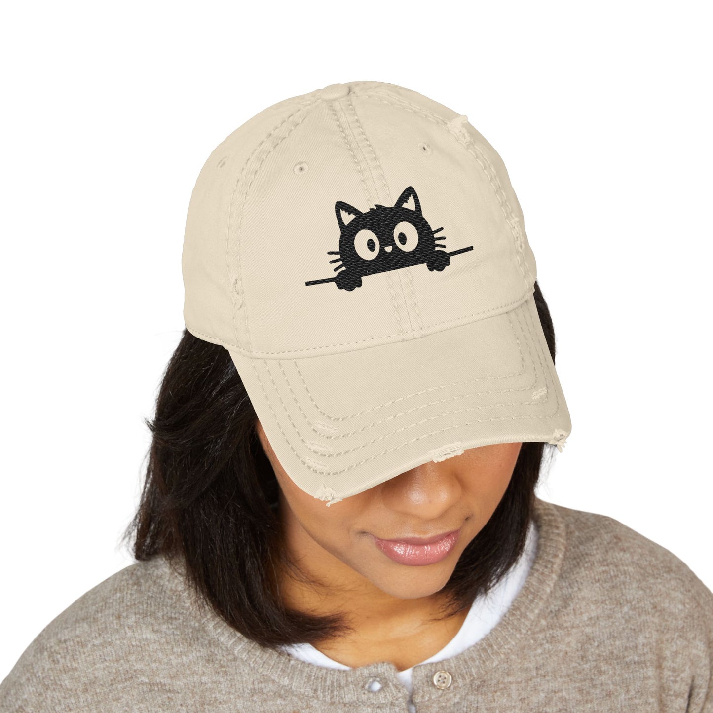 Peeking Black Cat Distressed Dad Hat