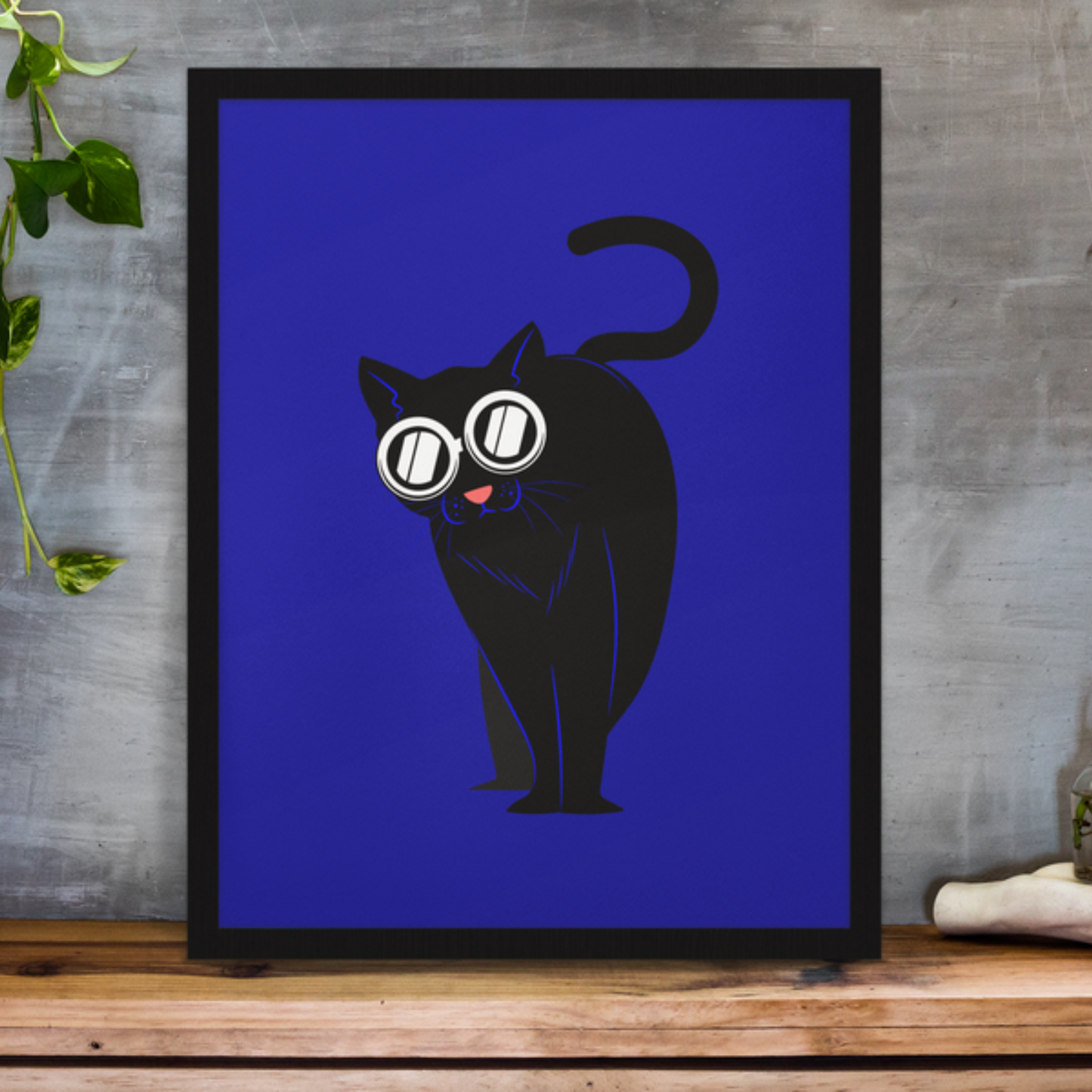 Funny Black Cat Blue Art Print